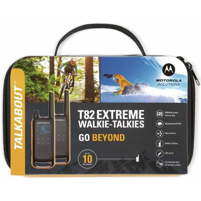 Motorola Talkabout T82 Extreme - Walkie Talkie PMR446 (Pack de 2), Alcance Hasta 10 km, 16 Canales, Resistente IPX4, Linterna LED, Sincronización Fácil